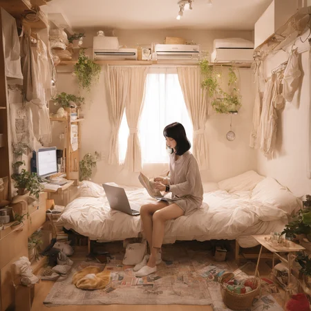 best quality, ultra-detailed,
JJROOM, scenery, clock, bed, indoors, curtains, window, sitting, black hair, plant, book, calendar (object), computer, shirt, pants, bedroom, chair, rug, air conditioner, wide shot, laptop, 1girl, basket,
<lora:jyoshi_no_heya_SDXL_V1:1>