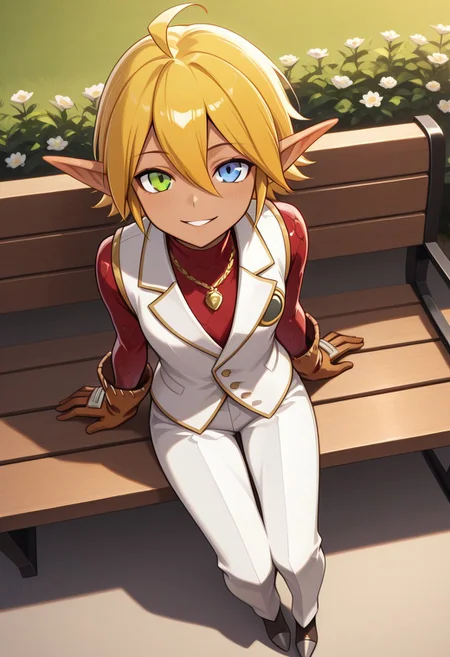 masterpiece, best quality,
aura bella fiora, 1girl, dark elf, dark-skinned female, ahoge, blonde hair, short hair, hair between eyes, blue eyes, green eyes , heterochromia, jewelry, tiny breasts, pointy ears, tomboy,,long sleeves, necklace, pants, red carpet, red shirt, scale armor, shoes, white pants,white vest, brown gloves,
seductive, outdoors, garden, sunset, bush, bench, sitting, arm support, full body, from above, , grass, flower, porch, looking at viewer, parted lips, smile