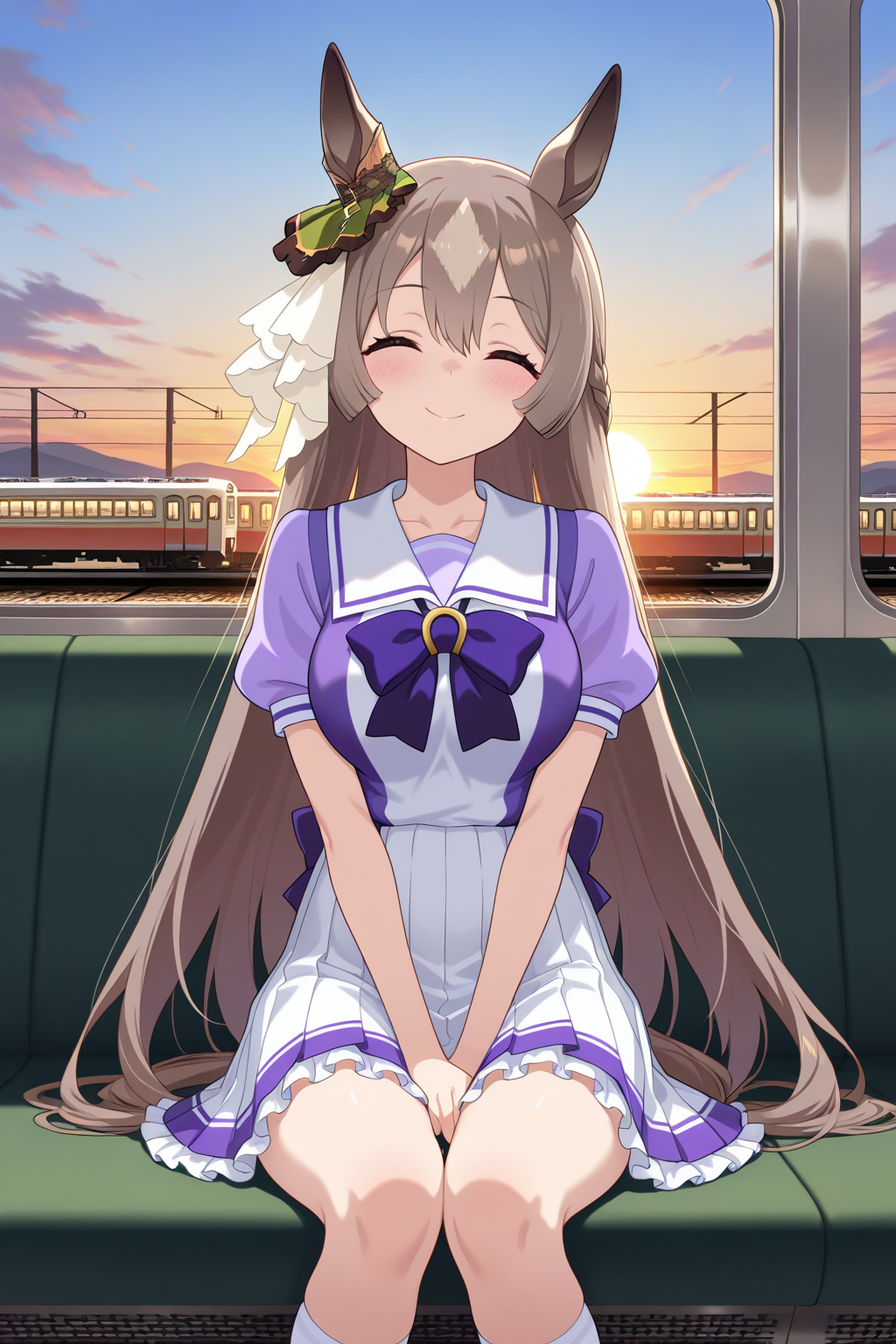 masterpiece,best quality,amazing quality,newest, tracen school uniform, sitting, looking at viewer, safe,  twilight, sky, smile, 
1girl, satono diamond \(umamusume\),  facing viewer, sun, train,  closed eyes,    <lora:xl_saturation_slider:-1>