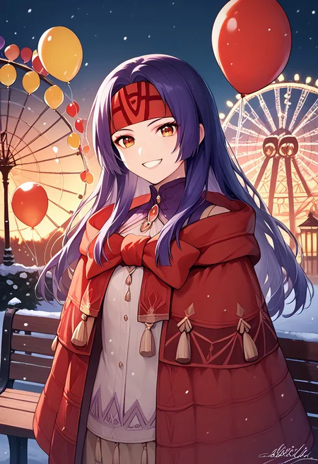 score_9, score_8_up, score_7_up, highres, (best quality:1.1), masterpiece, absurdes, 1girl, solo, long hair, looking at viewer, smile, standing, outdoors, night, bench, balloon, lamppost, ferris wheel, confident, sanaki, headband, petite, small breast,, winter, snow, grin, upper body
