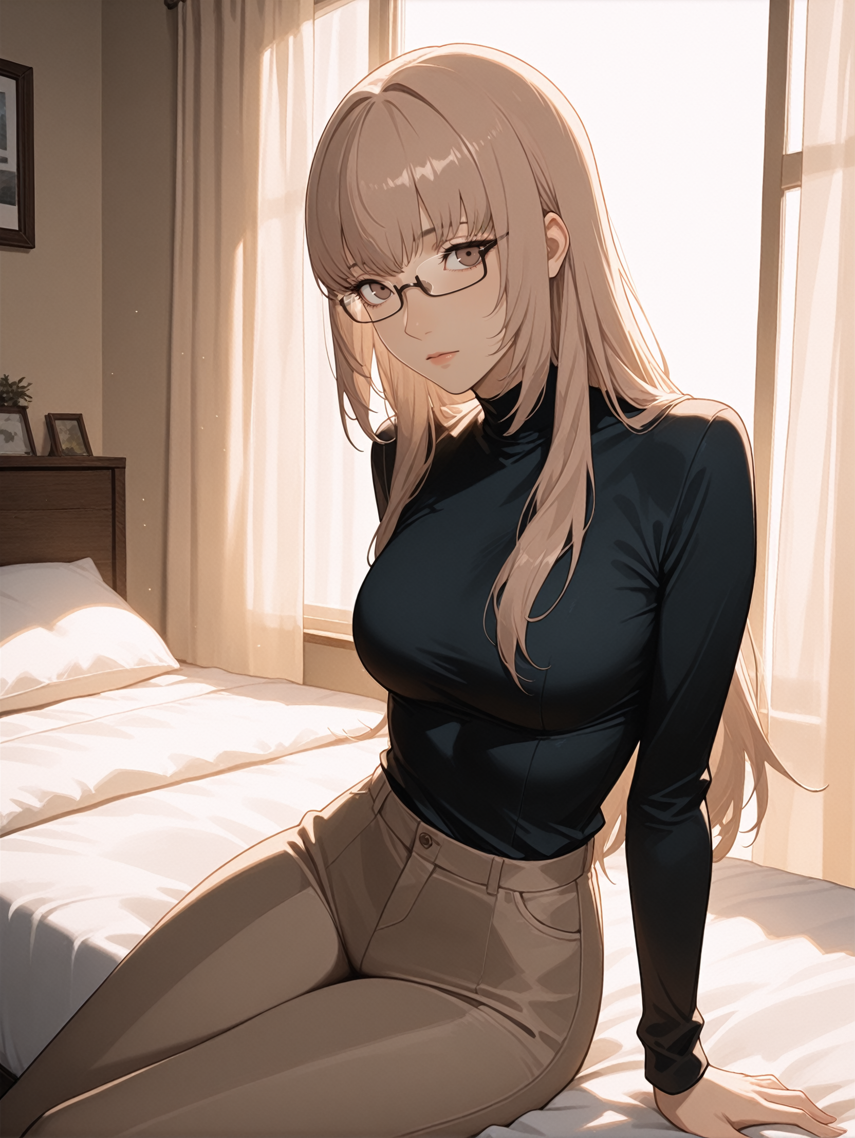 masterpiece, best quality, high resolution, very aesthetic, absurdres, newest, professional, high-quality, detailed eyes,
<lora:ILCKatherine:1.0>
CKatherine, 1girl, long hair, brown hair, brown eyes, glasses, looking at viewer, cozy bedroom environment, early morning environment, peaceful theme, sitting on the edge of the bed near a large window, soft sunlight filtering through sheer curtains