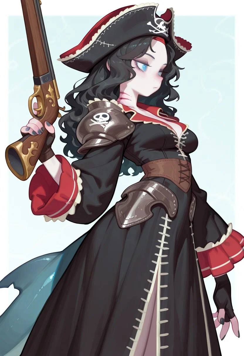 F3n6l1, masterpiece, very aesthetic, absurdres, (solo:1.5),
(sharkgirl:1.5), 1girl, expressive eyes, feminine eyes, beautiful detailed eyes:1, perfect face, aqua blue eyes:1, fin ears, gills on neck, pale skin, shark tail, (black hair:1.5), (long wavy hair), medium breasts, (pirate dress armor:1.5), (pirate hat), (fingerless gloves:1.5), black nails, holding flintlock rifle,