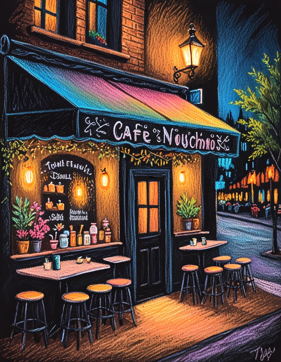 exterior of a cafe novuschroma13 style chalk pastels on black <lora:novuschroma13 style_2:1> <lora:sdxl_lightning_8step_lora:1>
