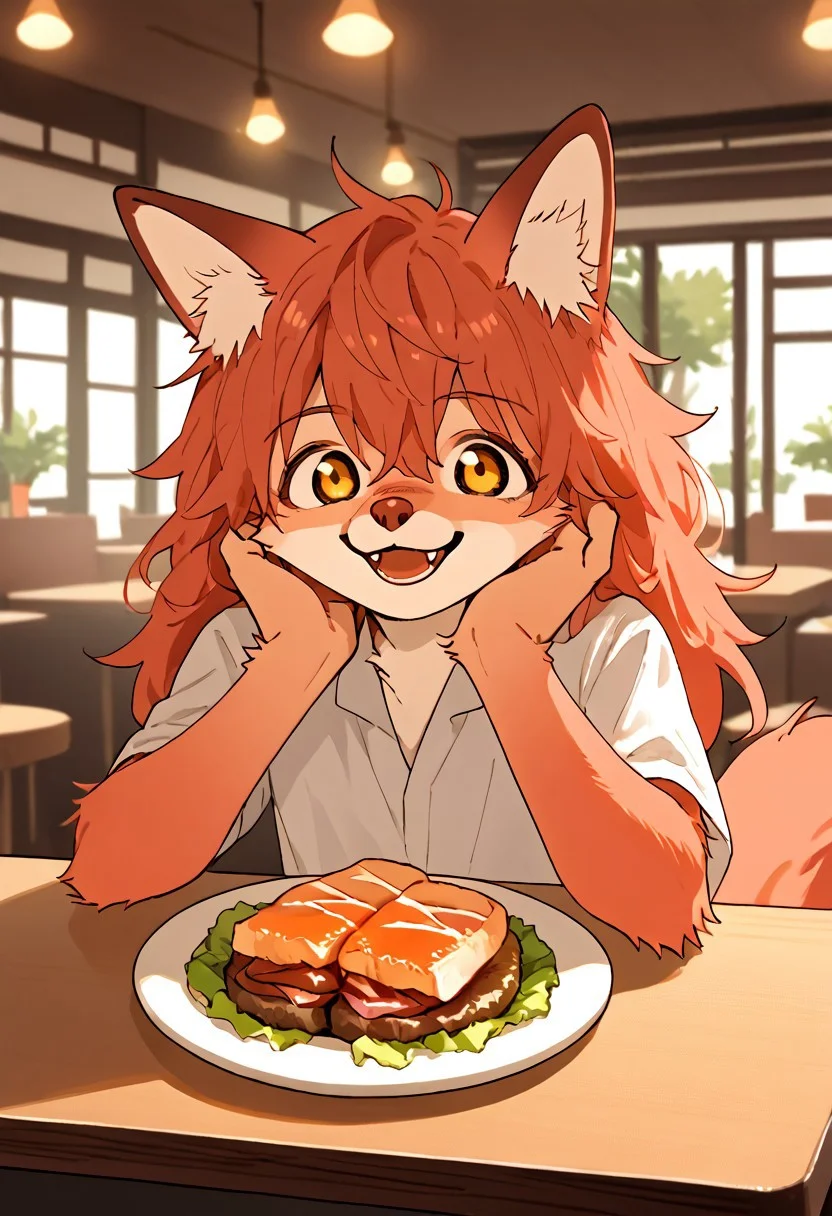 score_9, score_8, score_7, source_anime, rating_safe, solo, furchan, furcasual,
happy, smile, sitting,
restaurant, steak on table,