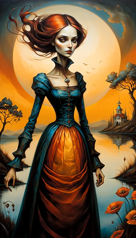 positiv Clip L: in the style of esao andrews, an award-winning, of a bautiful woman, positiv Clip G: in the style of esao andrews, an award-winning, of a skinny Gothic woman,  sunset in the background,
