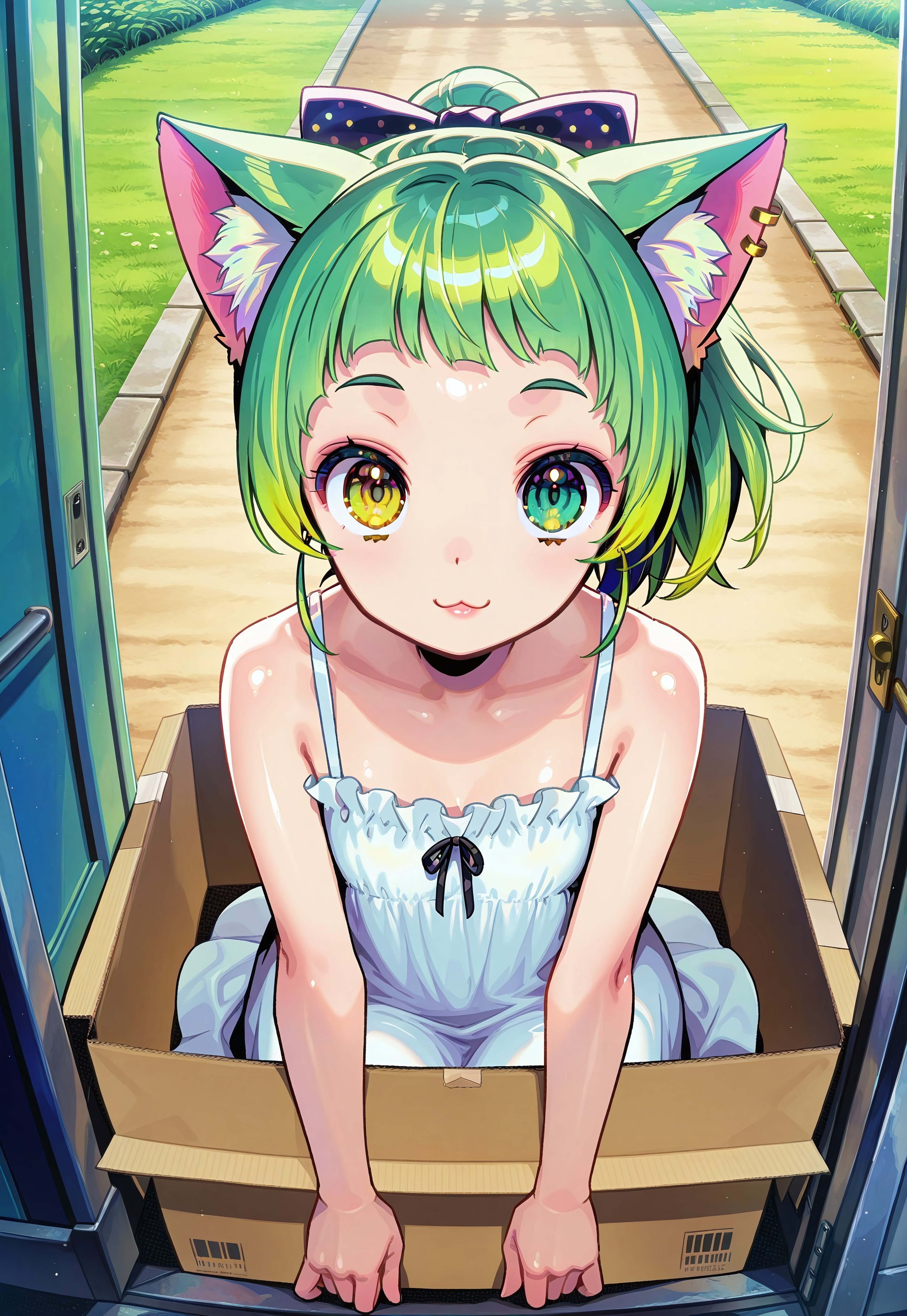Himehajime, 1girl, cat girl, green cat ears, green hair, ponytail, heterochromia, green eyes, left eye green, yellow eyes, right eye yellow, masterpiece, best quality, absurdres,
dress, sundress, single earring, hairbow, lipgloss, light makeup, 
outdoors, doorway, grass, front yard, path,
solo, kneeling, in box, cardboard box, sticking out of cardboard box, looking at viewer, big eyes, shiny eyes, :3, full body,
intricate, highly detailed, sunlight, colorful, anime