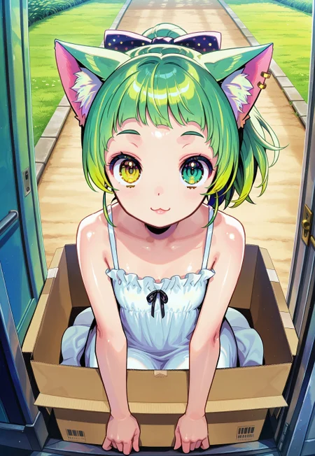 Himehajime, 1girl, cat girl, green cat ears, green hair, ponytail, heterochromia, green eyes, left eye green, yellow eyes, right eye yellow, masterpiece, best quality, absurdres,
dress, sundress, single earring, hairbow, lipgloss, light makeup,
outdoors, doorway, grass, front yard, path,
solo, kneeling, in box, cardboard box, sticking out of cardboard box, looking at viewer, big eyes, shiny eyes, :3, full body,
intricate, highly detailed, sunlight, colorful, anime