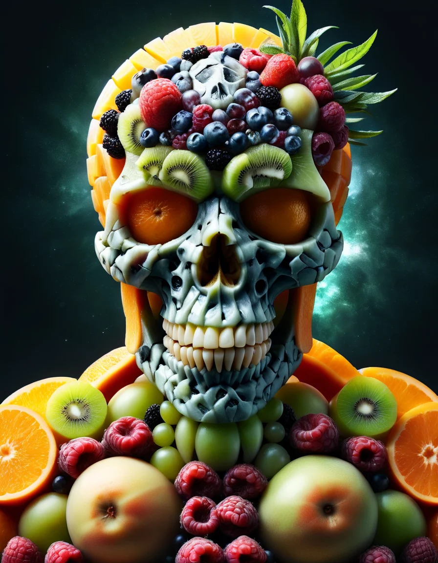 human skull made of famous ral-fruitsalat artwork by (igor sid:1.1) and (carne griffiths:1.1), crystalline, (fractal art:1.1), fantasy style, this peculiar life form, the shiny terrorflower hides in the florbshmuddering dense crystal jungles of the joribified exoplanet yuckman iv, covered in a metallic exoskeleton it (ambushes its prey:1.4) with (long crystalline appendages:1.3), dark background, backlight, made out of ral-fruitsalad <lora:ral-fruitsalad-sdxl:1> ral-fruitsalad landscape