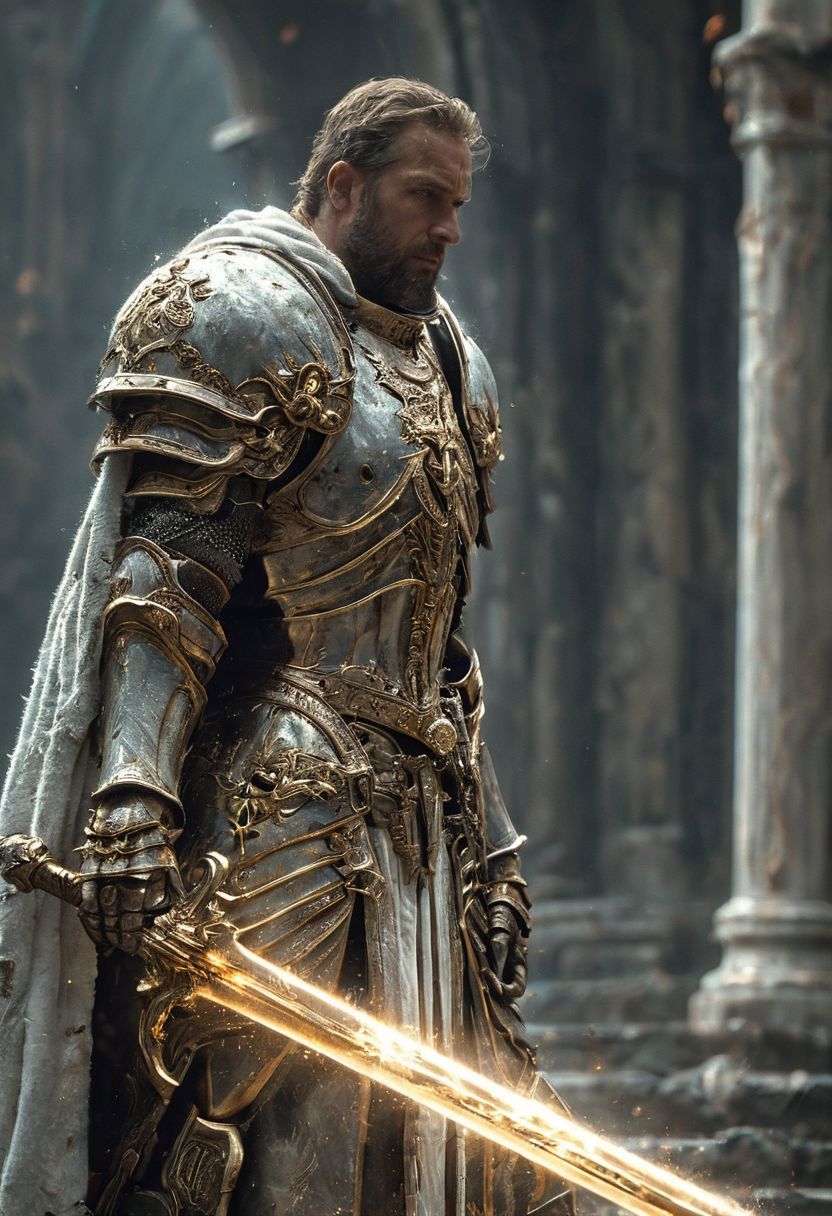 A stunning, highly detailed dark fantasy full body illustration of a proud angelical warrior wearing intricate medieval white HKStyle armor and a grim warrior face, holding a great golden glowing sword, golden and blue glooming eyes, very wide shoulders, wearing big gauntlets, epic composition. The warrior stands heroic with a flowing cloak and white hood during a storm with foggy gloom, thunderclouds in the background. The scene depicts him with brooding emotional agony. style by Greg Rutkowski, by Milo Manara and Russ Mills, with insanely intricate details and textures, gloomy dramatic lighting, 8K resolution