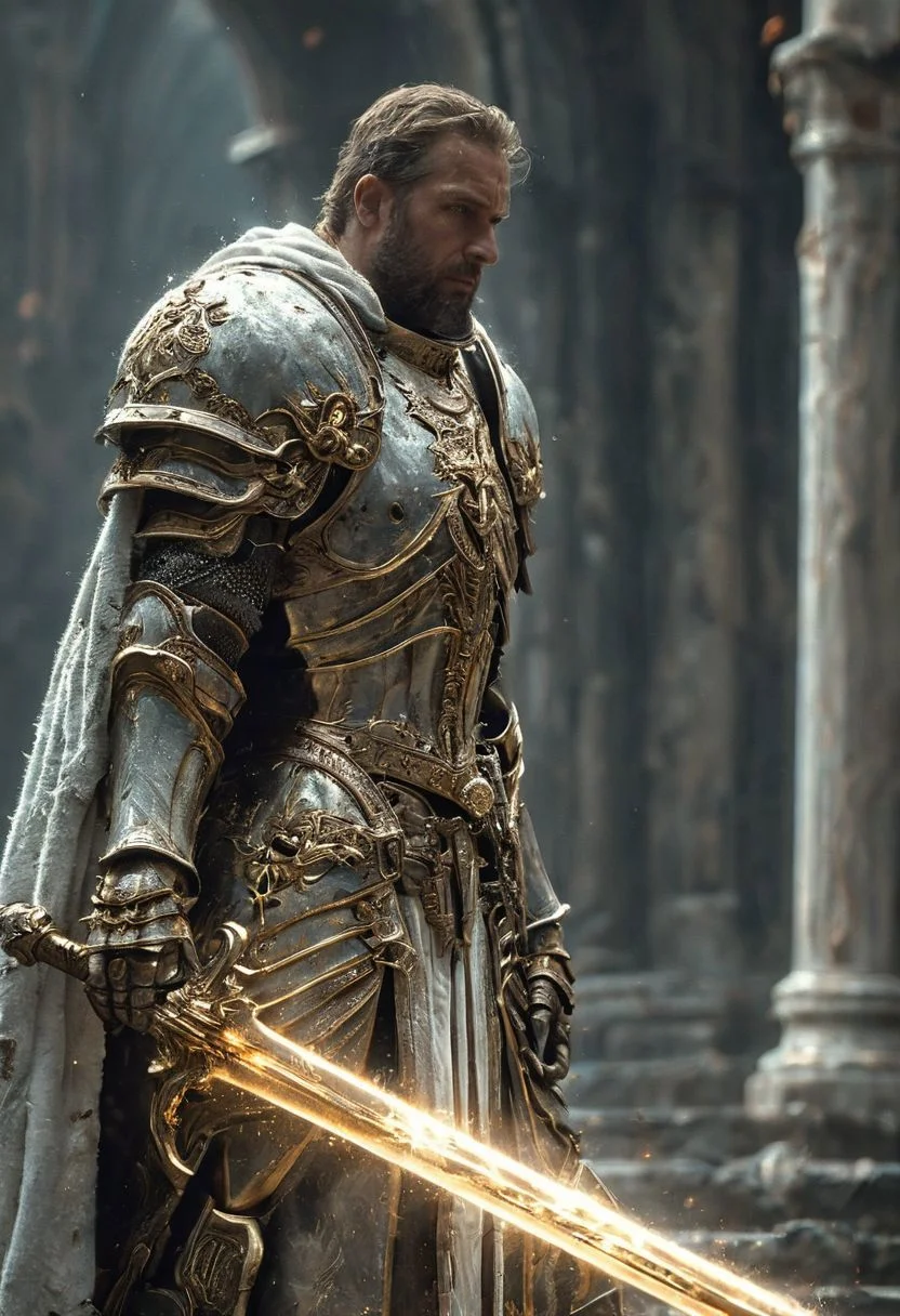 A stunning, highly detailed dark fantasy full body illustration of a proud angelical warrior wearing intricate medieval white HKStyle armor and a grim warrior face, holding a great golden glowing sword, golden and blue glooming eyes, very wide shoulders, wearing big gauntlets, epic composition. The warrior stands heroic with a flowing cloak and white hood during a storm with foggy gloom, thunderclouds in the background. The scene depicts him with brooding emotional agony. style by Greg Rutkowski, by Milo Manara and Russ Mills, with insanely intricate details and textures, gloomy dramatic lighting, 8K resolution