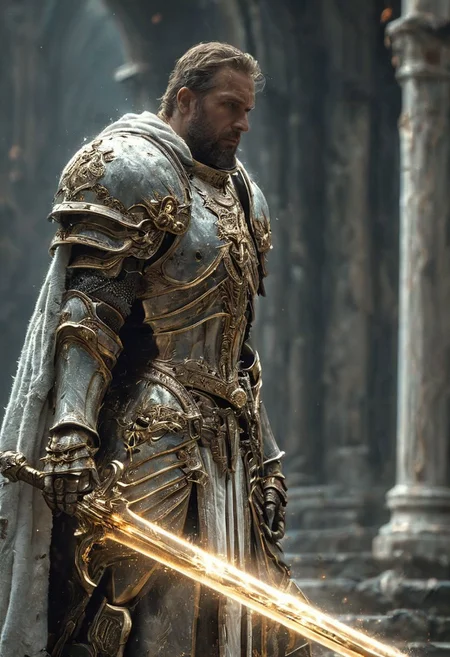 A stunning, highly detailed dark fantasy full body illustration of a proud angelical warrior wearing intricate medieval white HKStyle armor and a grim warrior face, holding a great golden glowing sword, golden and blue glooming eyes, very wide shoulders, wearing big gauntlets, epic composition. The warrior stands heroic with a flowing cloak and white hood during a storm with foggy gloom, thunderclouds in the background. The scene depicts him with brooding emotional agony. style by Greg Rutkowski, by Milo Manara and Russ Mills, with insanely intricate details and textures, gloomy dramatic lighting, 8K resolution