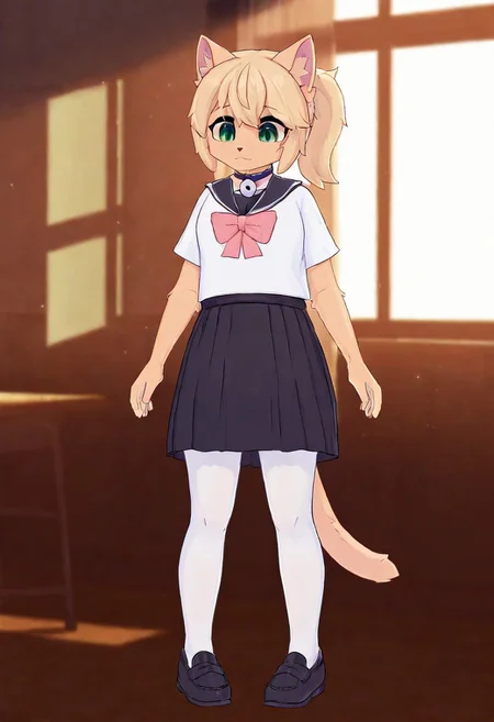 Page,1girl,solo,furry female,cat girl,blonde hair,ponytail,cat ears,animal ear fluff,green eyes,animal nose,collar,neck bell,body fur,cat tail, serafuku,school uniform,sailor collar,bow,white pantyhose,black skirt,black loafers, indoors, classroom