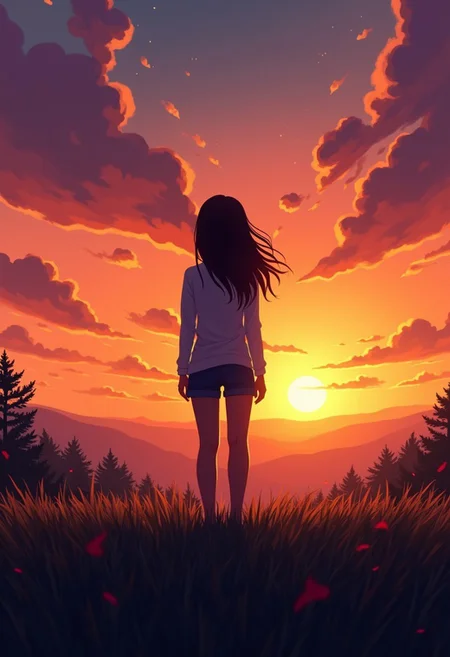 The image is a digital illustration of a person standing on a grassy hill overlooking a beautiful sunset. The sky is filled with vibrant colors of orange, pink, and purple, with the sun setting in the background. The person is silhouetted against the sky, and they are standing with their back to the viewer, looking out towards the horizon. They are wearing a long-sleeved shirt and shorts, and their hair is blowing in the wind. The overall mood of the image is peaceful and serene.