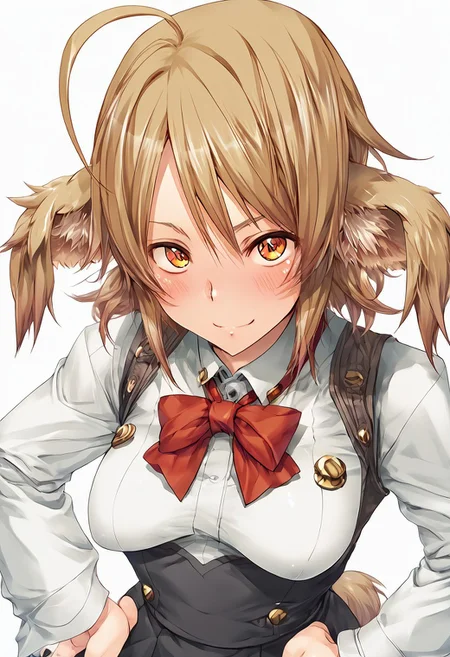 score_9, score_8_up, score_7_up, score_6_up, score_5_up, score_4_up, BREAK, <lora:cmarket0826-sdxl-000028:1>, noa riads, 1girl, solo, breasts, blush, smile, short hair, simple background, brown hair, long sleeves, fluffy tail, ahoge, animal ears, dog ears, medium breasts, swept bangs
shiny skin, school uniform, red bowtie, white shirt, black skirt, hands on hips, frown, blush, looking at viewer,
upper body, Eye focus
Artist Style: Urushihara Satoshi