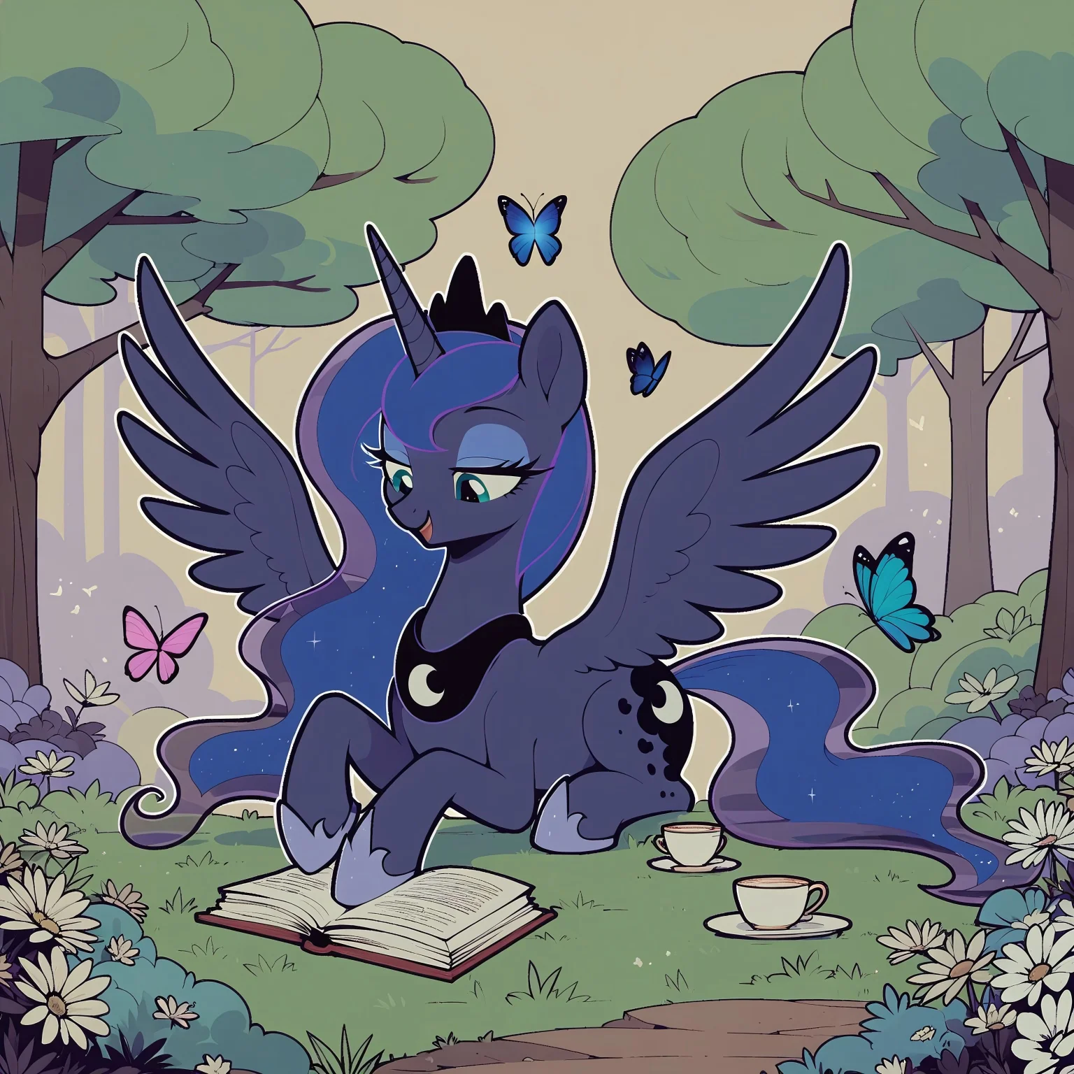 safe_pos, score_9, score_8_up, score_7_up, score_6_up, score_5_up,( thick outline:1.0), (night colors:1.1), safe, princess luna, alicorn, butterfly, pony, book, one book, cup, female, horn, lidded eyes, looking down, lying down, mare, open mouth, outdoors, prone, reading, scenery porn, slender, smiling, smirk, solo, spread wings, teacup, thin, tree, wings, park