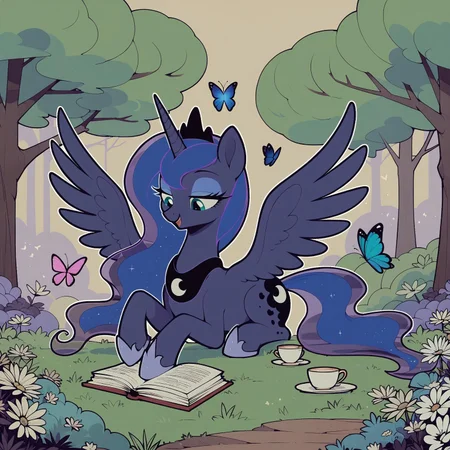 safe_pos, score_9, score_8_up, score_7_up, score_6_up, score_5_up,( thick outline:1.0), (night colors:1.1), safe, princess luna, alicorn, butterfly, pony, book, one book, cup, female, horn, lidded eyes, looking down, lying down, mare, open mouth, outdoors, prone, reading, scenery porn, slender, smiling, smirk, solo, spread wings, teacup, thin, tree, wings, park