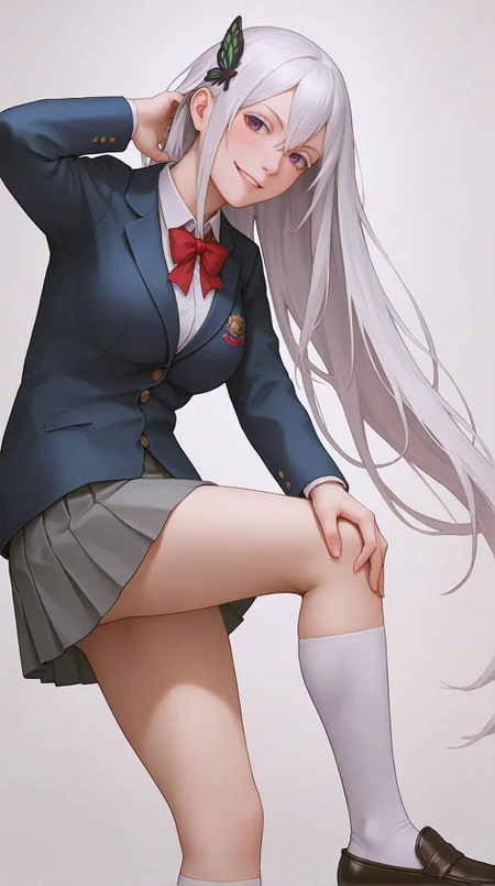 zPDXLxxx,score_9,score_8_up,score_7_up,realistic,masterpiece,best quality,perfect anatomy,very aesthetic,absurdres,
<lora:Quality tweaker_last:-2>,
<lora:Breast Slider - Pony_alpha1.0_rank4_noxattn_last:2>,
<lora:azurlaneXLP6lokrV4236T2:0>,
solo,blush,smile,
from side,from below,adjusting hair,arm behind head,bent over,
<lora:Echidna PonyXL Anzhc v1.6:1>,
echidna,purple eyes,white hair,hair between eyes,very long hair,butterfly hair ornament,
school uniform,red bowtie,blazer,blue jacket,collared shirt,white shirt,grey skirt,pleated skirt,white socks,kneehighs,shoes,