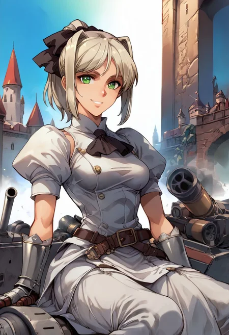 score_9, score_8_up, score_8, score_7_up, score_7, anime of hmkshll, green eyes, platinum blonde hair, high ponytail, bangs, sidelocks, hair ribbon, knight dress, gauntlets, belt, medium breasts, castle, posing for a photo, facing viewer, looking at viewer, female focus, (dynamic lighting:1.1), Sitting on a Cannon, , looking at a Cannon, Culverin, smiling , ground vehicle, military vehicle,bslskspg, basilisk, Basilisk Self-propelled Gun
((masterpiece))