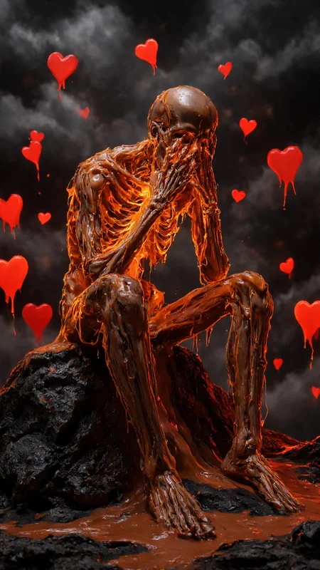artwork featuring a skeletal figure in a melancholic pose. The figure is seated on a large, dark rock, with its arms wrapped around its head, suggesting deep sorrow or despair. The skeletal structure is illuminated with a warm, glowing orange light that emanates from the chest cavity, casting dramatic shadows and highlighting the ribcage and skull. This light also creates a molten, liquid-like appearance to the bones, which are depicted as melting and dripping down the figure's body. The molten bones are depicted as a vibrant orange color, contrasting starkly with the dark, shadowy background.The background is a gradient of dark gray and black, with swirling, storm-like clouds suggesting a somber, ominous atmosphere. Numerous red heart shapes are scattered around the figure, some suspended in mid-air and others lying on the ground, adding to the emotional weight of the scene. The heart shapes are also dripping with the same molten orange substance as the bones, further emphasizing the theme of loss and emotional pain. The overall texture of the artwork is smooth and polished, with a high level of detail in the skeletal structure and the glowing, molten effect. ,aidmaimageupgrader, aidmaMJ6.1 <lora:aidmaMJ6.1-FLUX-v0.5:0.7> <lora:aidmaImageUprader-FLUX-v0.3:0.4>