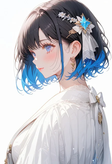 1girl, solo, ((Shion Tachibana, Perfect Face, Short hair, Black hair, Multicolored Blue hair, Expressive eyes, Blue crystal eyes)), expressive face, blushing, closed mouth, perfect body, perfect breast, tall, white skin, wedding dress, gold ornament, hair ornament, church, blue sky, cinematic lighting , cinematic angle, soft light , color detail, backlighting, Depth of field, long exposure, light steps, intricate colors, vibrant colors, negative_hand, easynegative, verybadimagenegative_v1.3,
