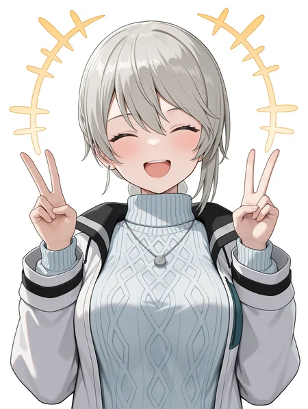 masterpiece,best quality,newest,
1girl,solo,
<lora:ADELAIDE_BLUTHAUSEN_ilxl_v1.0:1>,a_bluthausen,grey hair,braided ponytail,
s_nase,necklace,white jacket,long sleeves,turtleneck sweater,ribbed sweater,
<lora:Fixhands_anime_bdsqlsz_V1:1>,looking_at_viewer,white_background,simple_background,double v,upper_body,laughing,closed eyes,light_blush,happy aura,\ | /,