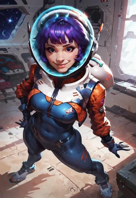 safe_pos, safe_pos, safe_pos, score_9, score_8_up, score_7_up, 43stl1ght1ng, darkness, low light, rimlight, concept art, realistic, spaceship, indoors, galaxy, depth of field, 1girl, jn0, purple hair, short hair, space helmet, spacesuit, skintight, jetpack, gloves, shoes, petite, posing, looking at viewer, smile, above view, full body