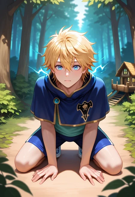 masterpiece, best quality, intricate details, semi-realistic, , 1boy, solo, male focus, <lora:luck_voltia_ilxl:0.98>, luck_voltia, blonde hair, blue eyes, short hair, hair between eyes, electricity, capelet, forest village, tree houses, leaf paths, wooden bridges, daily pose, content expression, morning, gym shorts,