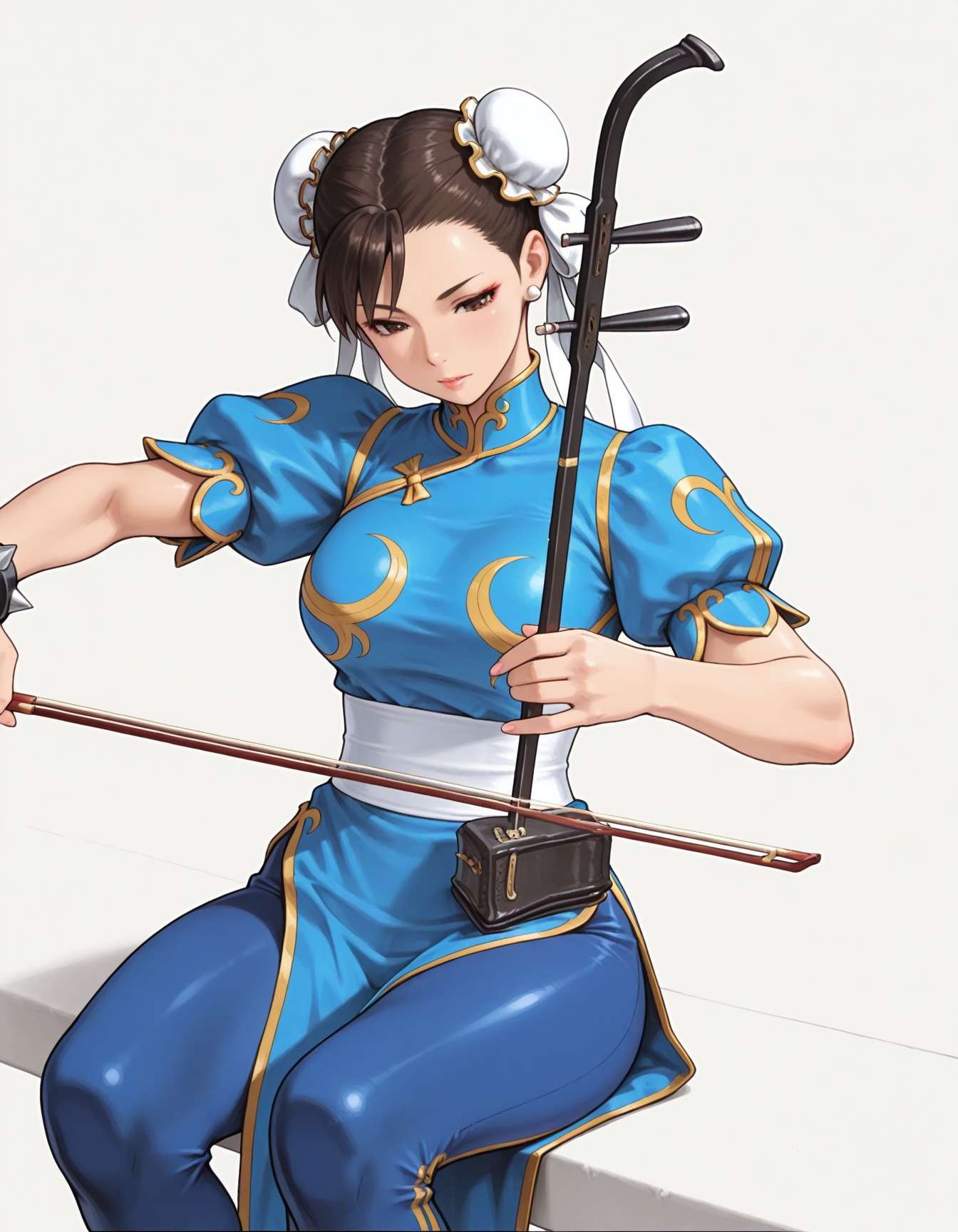masterpiece,best quality,amazing quality,very aesthetic,high resolution,ultra detailed,perfect details,anime coloring,<lora:mai_ki_style:0.7>,mai_ki_style,<lora:mai_Ink_style:0.5>,traditional media,flat color,
simple background,grey background,
<lora:mai_playing_erhu:1>,mai_playing_erhu,sitting,playing instrument,
street_fighter,chun-li,street fighter,