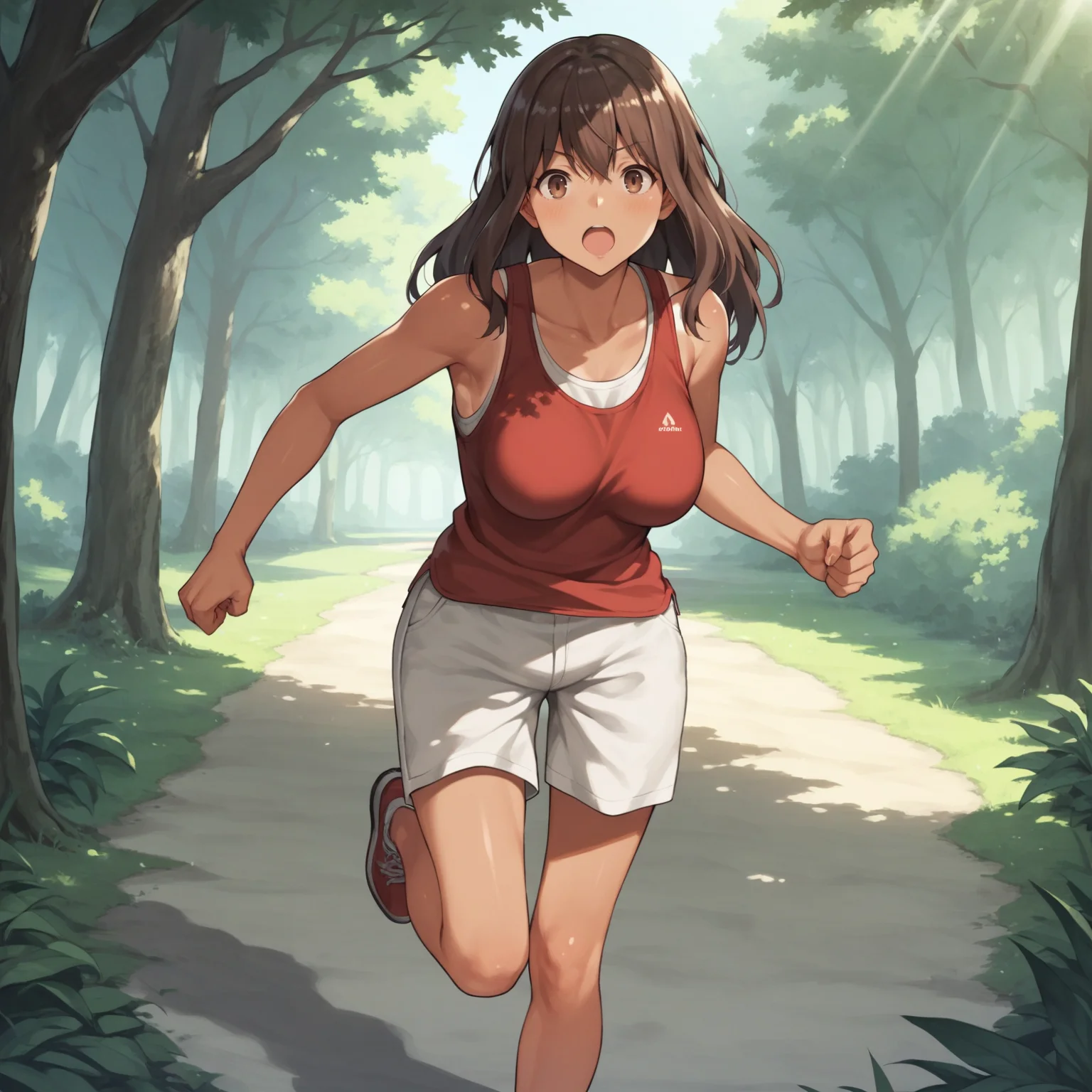 score_9, score_8_up, score_7_up, score_6_up, score_5_up, score_4_up
BREAK
nao_olis, tan, 1girl, solo, brown hair, brown eyes, long hair, red tank top, white shorts, [medium breasts|large breasts], looking at viewer, running
BREAK
scenery, nature, outdoors, sunlight
<lora:nao_KekkonSuruTte_ponyxl_v1_char:1> <lora:nao_KekkonSuruTte_ponyxl_v1_style:0>