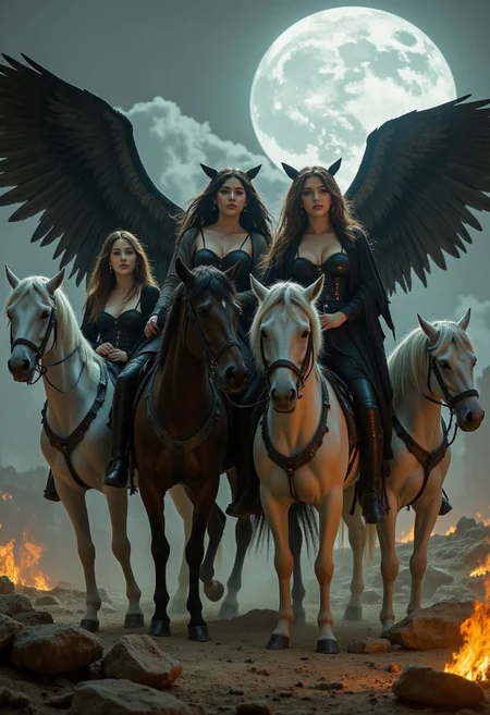 four beautiful women on horses representing the four horsemen of the apocalypse. A dystopian scene as the women ride the horses, dark angelic women,