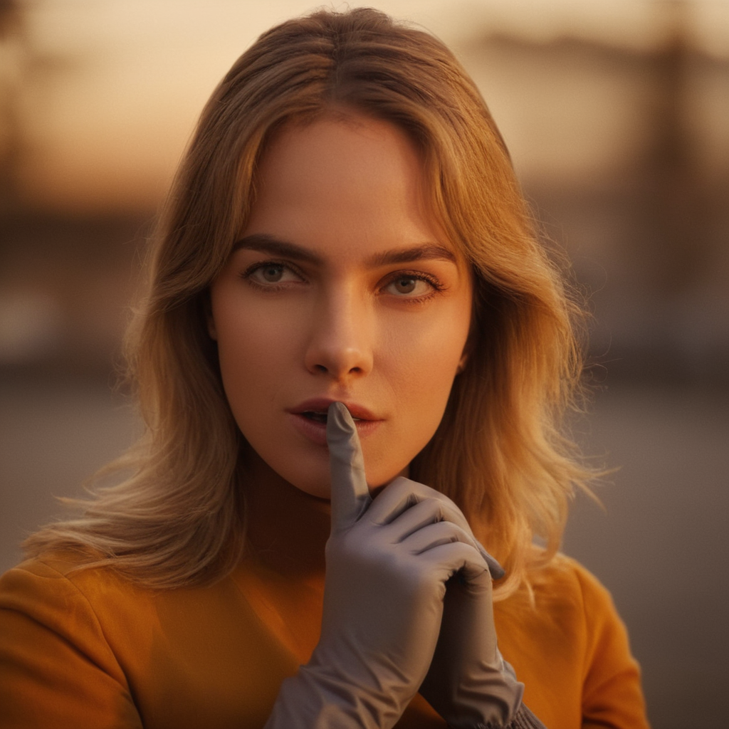 cinematic film still of  <lora:Warm Lighting Style:1>
warm light,a woman with a glove on ,warm lighting style,1girl,solo,long hair,bangs,blonde hair,brown hair,gloves,parted lips,teeth,blurry,lips,looking to the side,grey eyes,blurry background,portrait,realistic 3200k, orange color, yellow color, warm color, straw color, golden color, shallow depth of field, vignette, highly detailed, high budget, bokeh, cinemascope, moody, epic, gorgeous, film grain, grainy