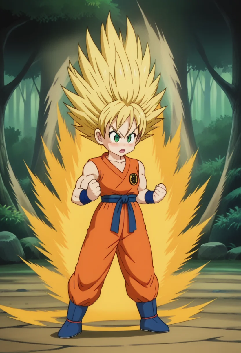 score_9, score_8_up, score_7_up , , source_anime, intricate details, masterpiece, high quality, prefect hands, best quality,, 1girl, solo , anime screencap,
,Martial Arts , forest, muscle ,
, GGokuSS, blonde hair, green eyes, big eyeballs , spiked hair , long hair , eyelash , lips , cute , blush , small breast , chibi , <lora:GGoku-000003:0.7>,
orange dougi, blue sash, blue wristband, sleeveless , orange pants, orange topwear, <lora:DBKiCharge_XLPD:1> , yellow aura, fighting stance, clenched hands, full body , open mouth