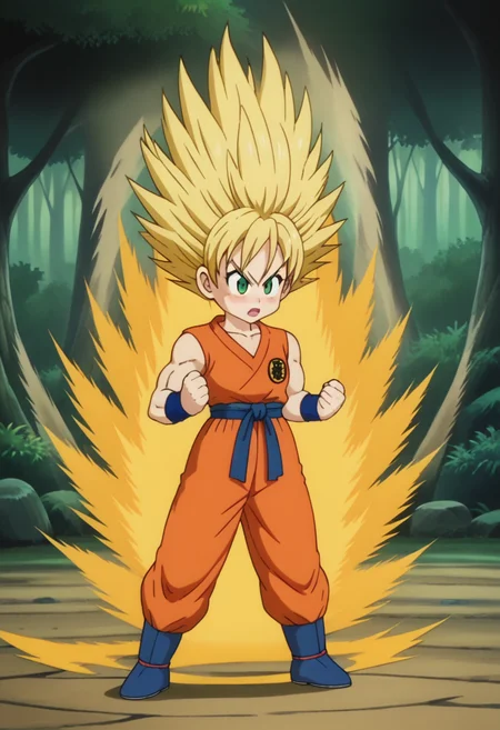 score_9, score_8_up, score_7_up , , source_anime, intricate details, masterpiece, high quality, prefect hands, best quality,, 1girl, solo , anime screencap,
,Martial Arts , forest, muscle ,
, GGokuSS, blonde hair, green eyes, big eyeballs , spiked hair , long hair , eyelash , lips , cute , blush , small breast , chibi , <lora:GGoku-000003:0.7>,
orange dougi, blue sash, blue wristband, sleeveless , orange pants, orange topwear, <lora:DBKiCharge_XLPD:1> , yellow aura, fighting stance, clenched hands, full body , open mouth