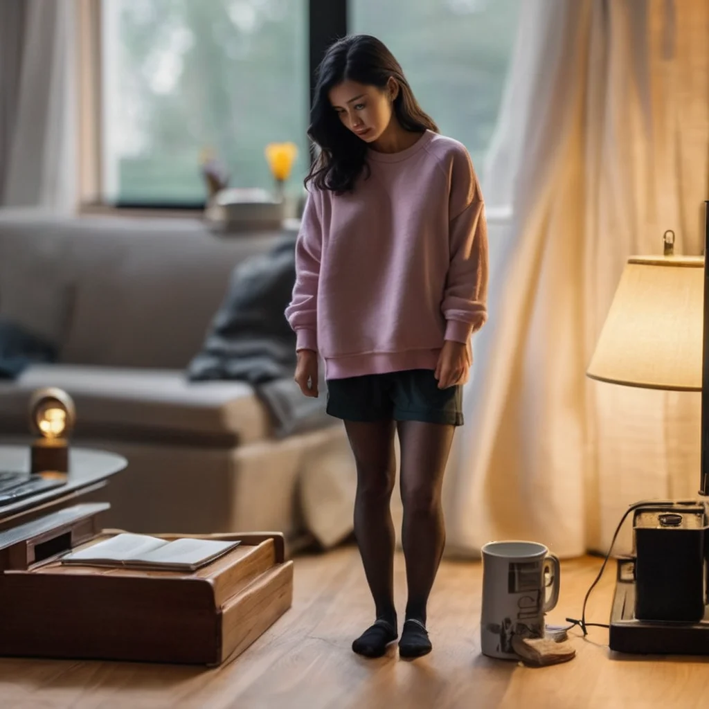 (best quality), (masterpiece), ultra-detailed, illustration, a scene involving one tiny (miniature:1.6) woman, looking at viewer, 30 year old, (huge loose oversized sweatshirt and loose shorts), wearing socks, miniature woman (standing on desk next to keyboard, lamp), living room, couch, sofa, lamp, curtains, wood floors, coffee table, side table, windows, apartment, dynamic light, combed back black hair, 8k uhd, dslr, soft lighting, high quality, film grain, Fujifilm XT3, sharp focus, F/8.0, <lora:shrunken:1>