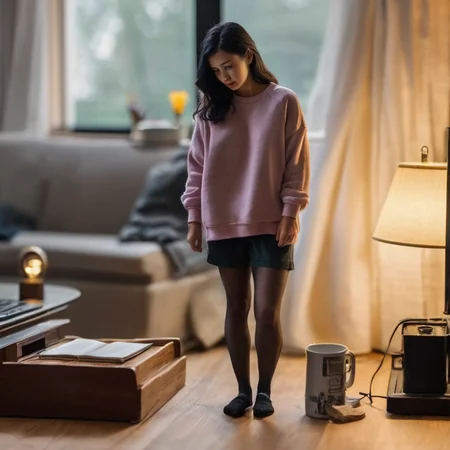 (best quality), (masterpiece), ultra-detailed, illustration, a scene involving one tiny (miniature:1.6) woman, looking at viewer, 30 year old, (huge loose oversized sweatshirt and loose shorts), wearing socks, miniature woman (standing on desk next to keyboard, lamp), living room, couch, sofa, lamp, curtains, wood floors, coffee table, side table, windows, apartment, dynamic light, combed back black hair, 8k uhd, dslr, soft lighting, high quality, film grain, Fujifilm XT3, sharp focus, F/8.0, <lora:shrunken:1>