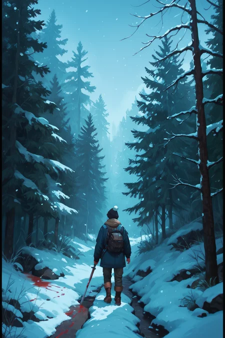 forest, nature, scenery, tree, snow, outdoors, no humans, blood, blue theme, night, weapon, winter, signature, <lora:S1_Dramatic_Lighting_v2:0.15> s1_dram, zPDXL3, detailxl,  Score_PnyReal,