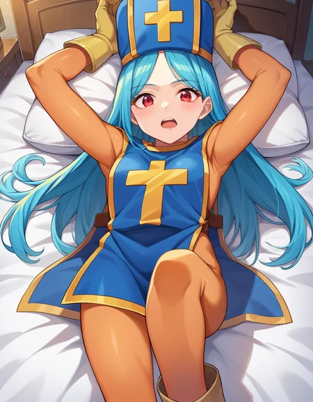 score_9, score_8_up, score_7_up, source_anime,
dqpriest, <lora:dq-priest-ponyxl-lora-nochekaiser:1>,
priest, aqua hair, blue hair, long hair, red eyes,
bodysuit, boots, cross, gloves, hat, mitre, orange bodysuit, tabard,
indoors, bed, bed room, on back, arm support, arms up, incoming hug, pov, reaching, reaching towards viewer,
looking at viewer, dutch angle, cowboy shot,