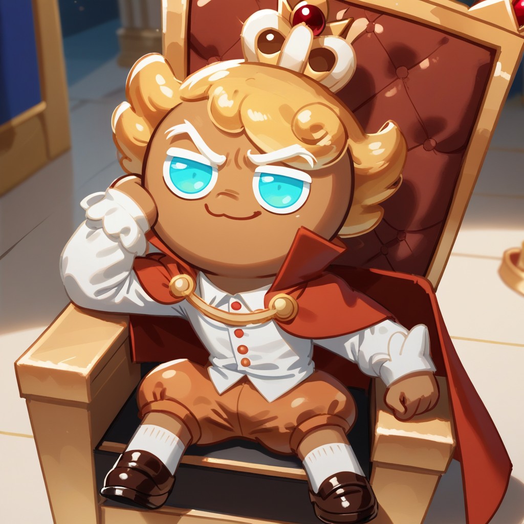 score_9, score_8_up, score_7_up, ckcustardiii, male, solo, brown skin, golden blonde hair, azure eyes, white eyebrows, short, crown, white blouse, red cape, puffy brown shorts, brown shoes, sitting, on throne, smirk, looking at viewer, high angle, indoors, kingdom