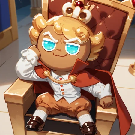 score_9, score_8_up, score_7_up, ckcustardiii, male, solo, brown skin, golden blonde hair, azure eyes, white eyebrows, short, crown, white blouse, red cape, puffy brown shorts, brown shoes, sitting, on throne, smirk, looking at viewer, high angle, indoors, kingdom