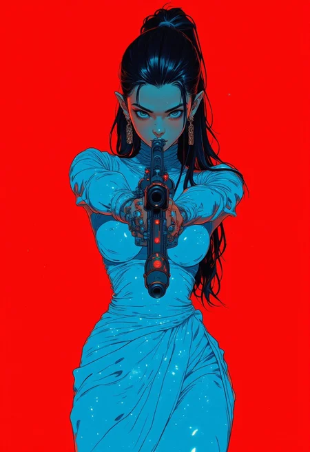 ((A striking woman in a tight, shimmering cyan prom dress stands confidently, her form-fitting gown adorned with tiny sparkling particles that catch the light, creating an ethereal glow. She holds a sleek, modern rifle in a poised shooting position, her gaze focused and intense. The delicate glitter of her dress contrasts with the deep red background, giving a surreal and glamorous edge to the scene. Her figure exudes elegance and power, blending the soft shimmer of the dress with the precise lines of the rifle, creating a captivating and unique visual.)), perfect korean face, front view,