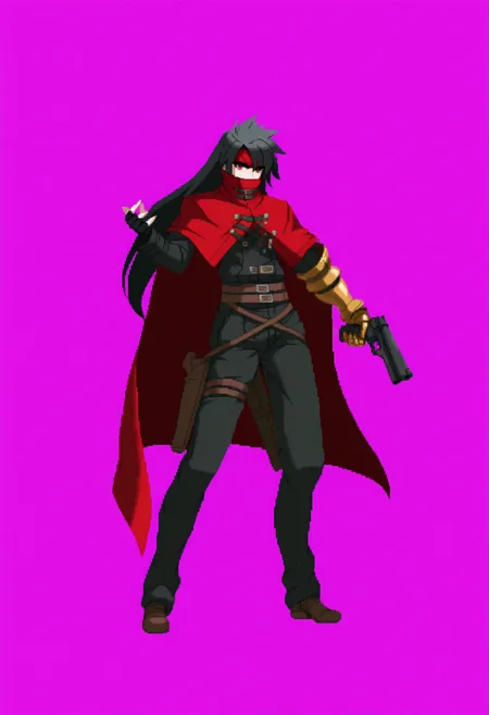 masterpiece, best quality, solo, 1boy, looking at viewer, <lora:Dengeki_Bunko-illus_Fp:1>, full body, pixel art, simple background, <lora:Vincent-valentine-illus_Fp:1>, vincentff7, black hair, red eyes, long hair, red headband, red cloak, buckle, black shirt, black pants, single gauntlet, multiple belts, single fingerless glove, holding gun, covered mouth, handgun, standing,