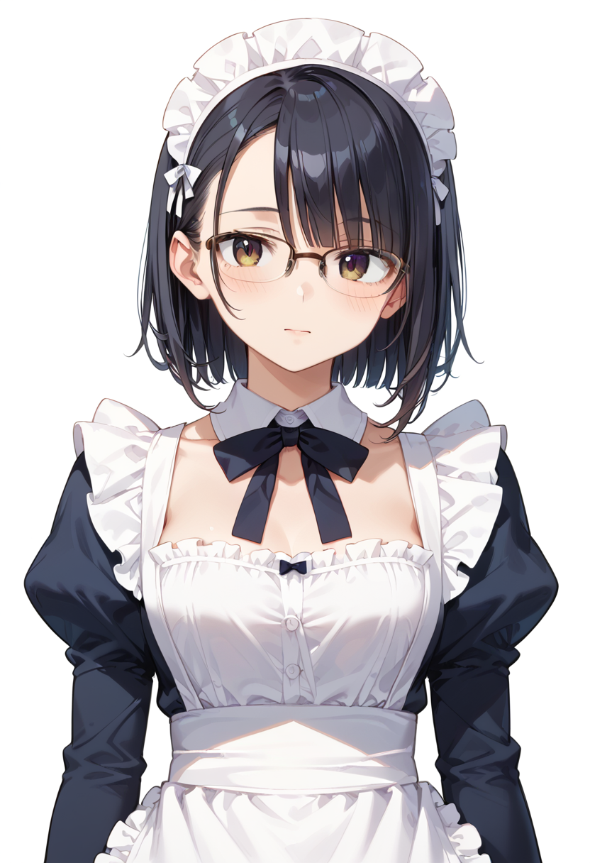 score_9, score_8_up, score_7_up, rating_safe, masterpiece, best quality, absurdres, unity 8k wallpaper, official art, official style, source_anime, uncensored, game cg, megami magazine,
1girl, solo, black hair, medium hair, upper body, covered eyes,maid, maid headdress, black dress, maid apron, face focus,
halfrim22A,  still life, white background, simple background, brown-framed eyewear,
 <lora:glasses_halfrim22A_PONY_V1:1>