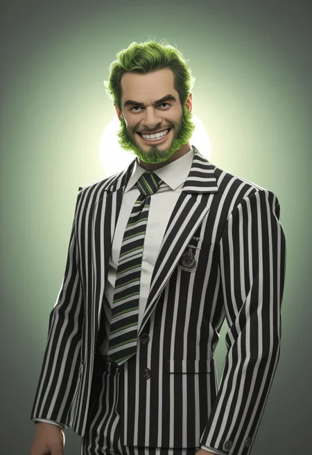 a portrait photograph of (bjzzs), 1boy, male focus, solo , suit, jacket, beard, pinstripe pattern, vertical stripes, long sleeves, necktie, green hair, pants, shirt, striped, formal, prison clothes, poltergeist vibes, portrait, upper body, grin, beetlejuice beetlejuice beetlejuice, Lomo, Shot on 70mm, Warm Color Palette, Kodachrome, ProPhoto RGB, Rim Lights, Backlight, Natural Lighting, zPDXL , official photography, best poltergeist,