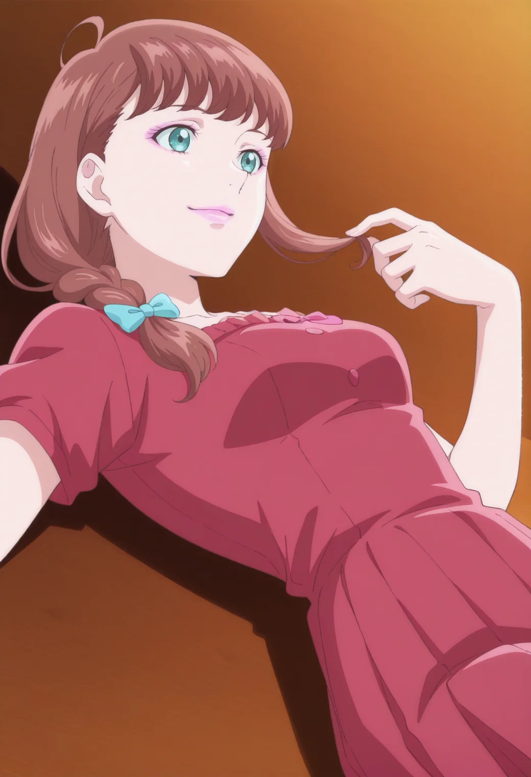 anime screencap, anime coloring, 1girl,  solo,   <lora:DX888MiraIL:1>gotokuji mira, aqua eyes, brown hair,single braid , pink lips, red dress, medium dress pleated dress,  hair bow BREAK brown background, honeycomb background, BREAK dutch angle,  from below, from side, dynamic pose, posing, smile,       twirling hair, reclining,  upper body,