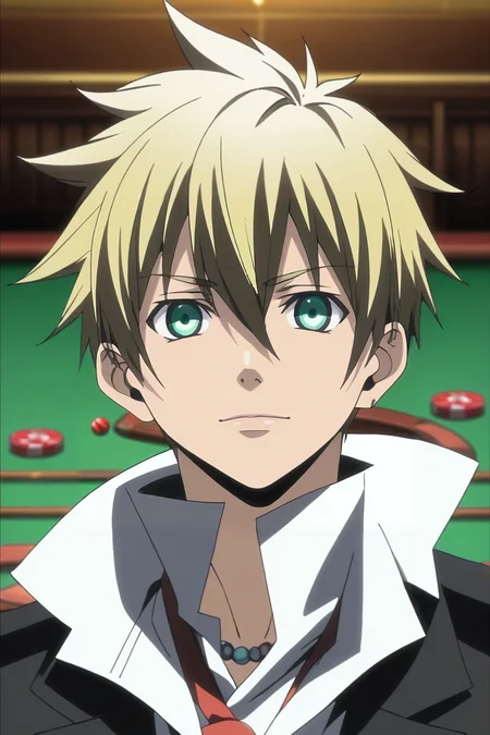 score_9, score_8_up, score_7_up, source_anime, rating_safe, intricate details, anime screencap, anime coloring, , , depth of field, 1boy, solo, male focus, <lora:liberta_arcana_famiglia_pony:0.86>, liberta_arcana_famiglia, blonde hair, green eyes, short hair, hair between eyes, asymmetrical, las vegas, casino, indoors, dark, arms at sides, light smile, , <lora:sdxl_lightning_8step_lora:1>