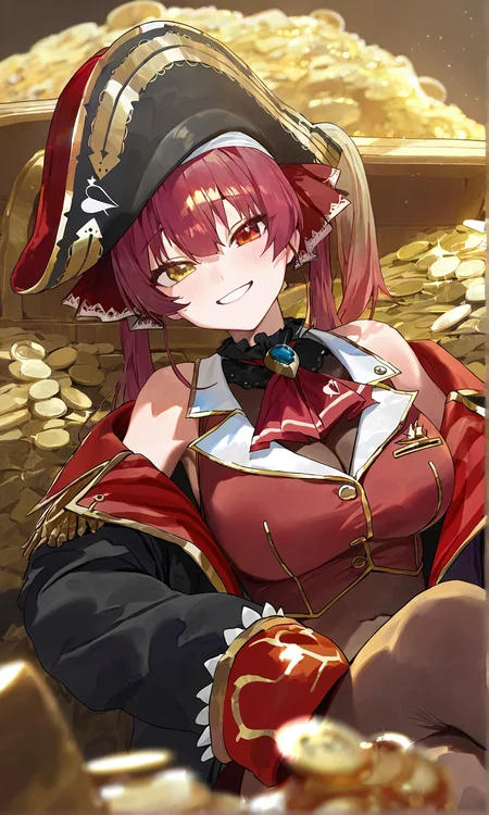 modare, hololive, houshou marine, houshou marine \(1st costume\), 1girl, breasts, cleavage, coin, crossed legs, gold, hat, heterochromia, large breasts, leggings, long hair, long sleeves, looking at viewer, lying, off shoulder, on gold, pile of money, pirate, pirate hat, red eyes, red hair, see-through cleavage, see-through clothes, sleeves past wrists, smile, solo, treasure, treasure chest, twintails, virtual youtuber, yellow eyes <lora:Artist_style_Modare__Mogoon_ã¢èª°_-_Illustrious-XL:0.1>