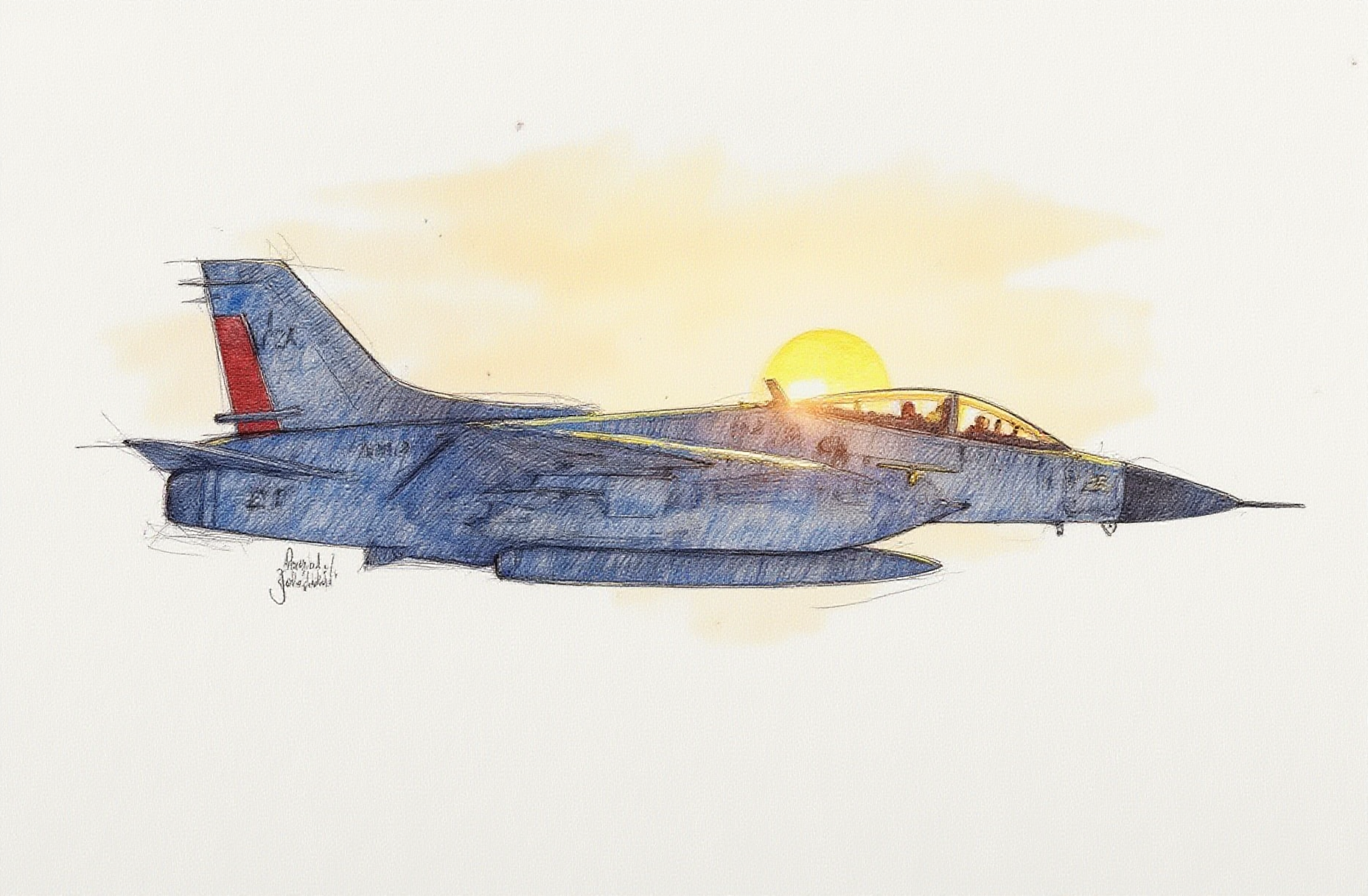 Sharp image of a rough sketch, rendered in vibrant multi colour ballpoint pen, capturing the adorable features of a fighter jet flying in the sky. The jet is grey in color with a red stripe on the tail and the number "ZZ" written on the side. It has a pointed nose and two engines. The cockpit is visible and there are two pilots inside the cockpit. The sky is clear and the sun is setting in the background, casting a warm glow on the jet.  p3nsk, <lora:p3nsk:1>