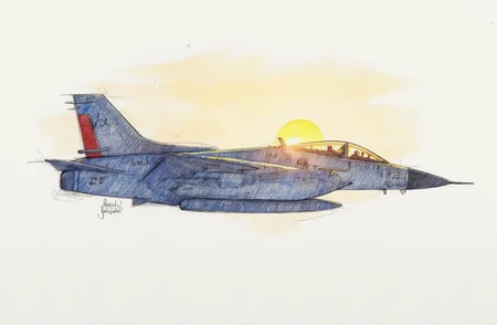 Sharp image of a rough sketch, rendered in vibrant multi colour ballpoint pen, capturing the adorable features of a fighter jet flying in the sky. The jet is grey in color with a red stripe on the tail and the number "ZZ" written on the side. It has a pointed nose and two engines. The cockpit is visible and there are two pilots inside the cockpit. The sky is clear and the sun is setting in the background, casting a warm glow on the jet. p3nsk, <lora:p3nsk:1>