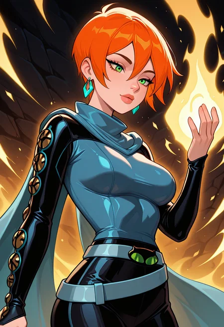 gwenfut, 1girl, green eyes, solo, short hair, orange hair, breasts, jewelry, earrings, bodysuit, cape, hair between eyes, belt, lips, long sleeves, scarf, yellow powers, aura, using magic, fighting zone, masterpiece, best quality, amazing quality, very aesthetic, absurdres, newest,