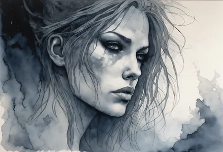 a watercolor painting of a female born in ashes, side view.
Her (ginger undone hair:1.2) covers part of her beautiful face and bare chest, cold blue eyes.
There is diffuse, misty and smoky atmosphere around her, giving the picture a menacing element.
The picture is photographed in a monochromatic scheme, mainly with shades of black, white and gray.
(dystopian style, highly detailed, bleak, post-apocalyptic, somber, dramatic)